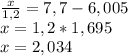 \frac{x}{1,2}=7,7-6,005\\x = 1,2*1,695\\x = 2,034