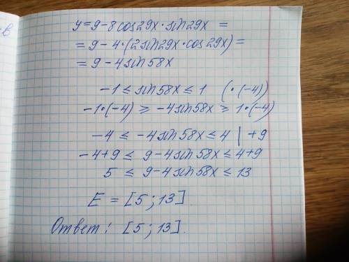 Найди множество значений функции y=9−8⋅cos29x⋅sin29x