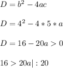 D = b^{2} - 4ac\\\\D = 4^{2} - 4 * 5 * a\\\\D = 16 - 20a 0\\\\16 20a | : 20