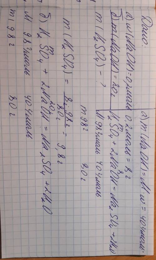 3.Какая масса серной кислоты вступить в реакцию с натрий гидроксида: а) количеством вещества 0,2 мол