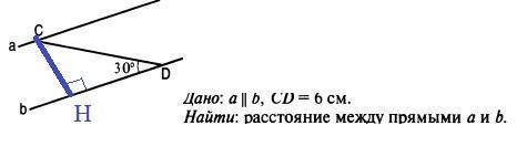 Дано: a ll b, CD = 6 см.Найти: расстояние между прямыми a и b.