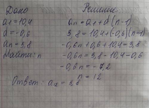 Знайдіть номер члена арифметичної прогресії (an), який дорівнює 3,8, якщо a1=10,4 і d=-0,6.