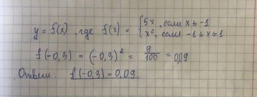 Дана функция y=f(x), где f(x)={5x,еслиx≤−1x2, если−1<x≤1Найди f(−0,3)(Если надо, то ответ округли