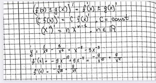 Знайдіть похідну функції:y = 1/x^9 - 3/x^3​