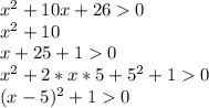 x^{2} +10x+260\\x^{2} +10\\x+25+10\\x^{2}+2*x*5+5^{2} +10\\ (x-5)^{2} +10