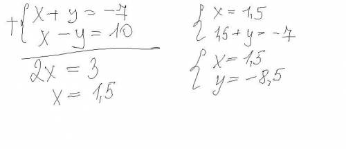 Реши систему уравнений: {x+y=−7 x−y=10 что х что y