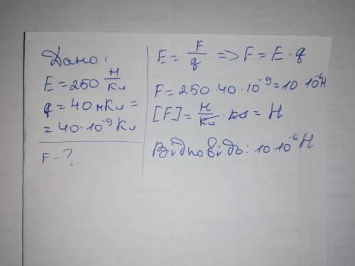 З якою силою електричне поле напруженістю 250н/Кл діє на заряд 40нКл? ​