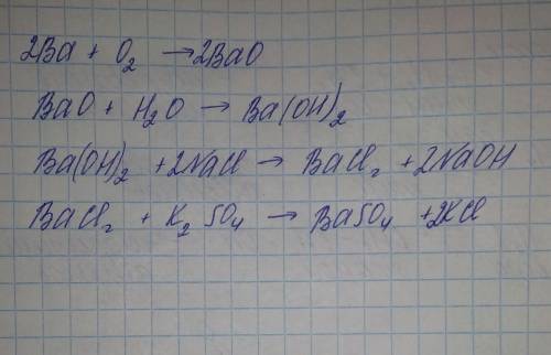 Ba—>BaO—>Ba(OH)2–>BaCl2–>BaSO4