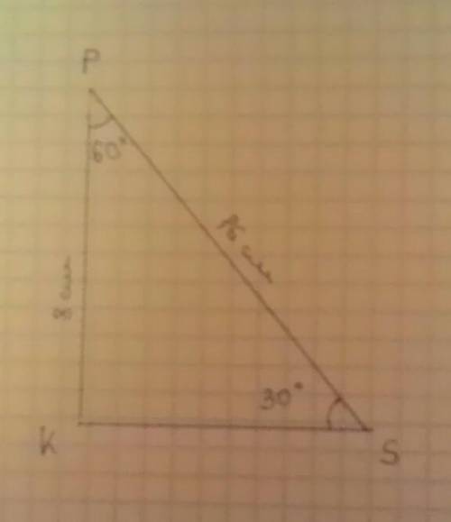 В треугольнике PKS, угол K=90 градусов, угол P=60 градусов ; PK=8cm НАЙТИ: PS