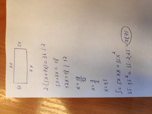 Стороны прямоугольника относятся как 5÷ 7 а его P =36 см Найдите площадь прямоугольника. ( указанием