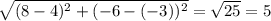 \sqrt{(8-4)^2+(-6-(-3))^2} =\sqrt{25} =5