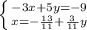 \left \{ {{-3x + 5y = -9} \atop {x = -\frac{13}{11} + \frac{3}{11}y }} \right.