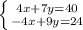 \left \{ {{4x + 7y = 40} \atop {-4x + 9y = 24}} \right.