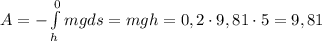 \[A = - \int\limits_h^0 {mgds} = mgh = 0,2 \cdot 9,81 \cdot 5 = 9,81\]