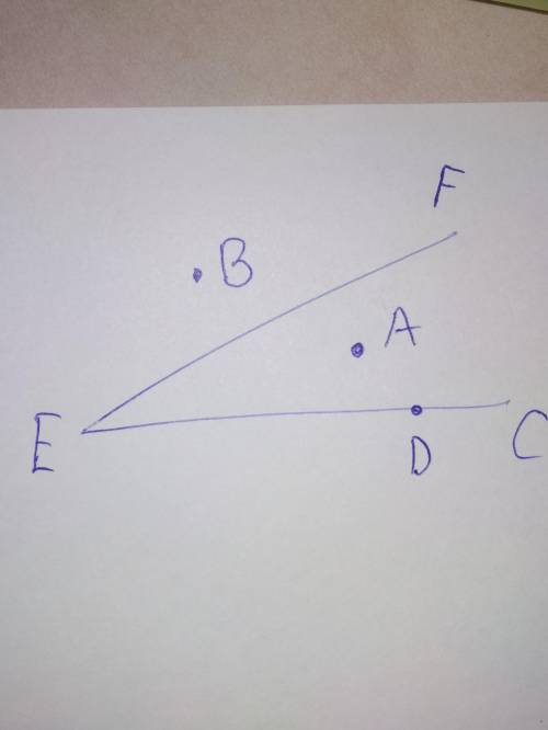 Начертите угол FEC, отметьте точку А внутри угла, точку В вне угла и точку D на стороне угла.