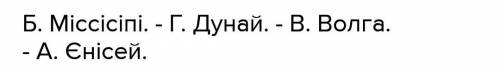 2. Розташуйте послідовно у напрямку із заходу на схід річки світу: А. Єнісей. Б. Міссісіпі. В. Волг