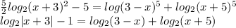 \frac{5}{2}log_2(x+3)^2 - 5 = log(3-x)^5 + log_2(x+5)^5\\log_2|x+3| - 1 = log_2(3-x) + log_2(x+5)