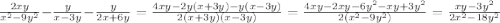 \frac{2xy}{ {x}^{2} - 9y {}^{2} } - \frac{y}{x - 3y} - \frac{y}{2x + 6y} = \frac{4xy - 2y(x + 3y) - y(x - 3y)}{2(x + 3y)(x - 3y)} = \frac{4xy - 2xy - 6 {y}^{2} - xy + 3 {y}^{2} }{2(x {}^{2} - 9y {}^{2} ) } = \frac{xy - 3y {}^{2} }{2 {x}^{2} - 18 {y}^{2} }