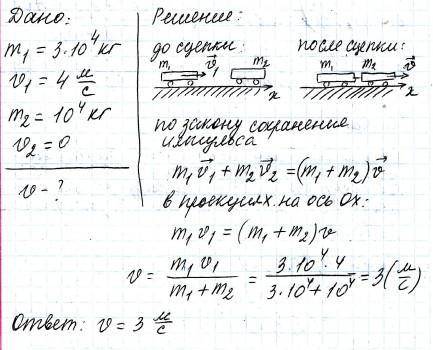 Вагон масою 30 т рухається зі швидкістю 4 м/с і стикається з нерухомою платформою масою 10 т. Визнач