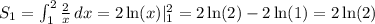 S_1 = \int_1^2 \frac{2}{x}\,dx = 2\ln(x)|_1^2 = 2\ln(2) - 2\ln(1) = 2\ln(2)