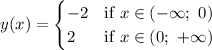 \begin{equation*}y(x) = \begin{cases} -2 &\text{if $x\in(-\infty;\ 0)$}\\ 2 &\text{if $x \in(0;\ +\infty)$} \end{cases}\end{equation*}