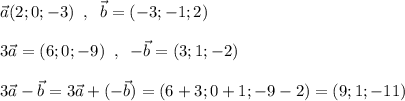 \vec{a}(2;0;-3)\; \; ,\; \; \vec{b}=(-3;-1;2)\\\\3\vec{a}=(6;0;-9)\; \; ,\; \; -\vec{b}=(3;1;-2)\\\\3\vec{a}-\vec{b}=3\vec{a}+(-\vec{b})=(6+3;0+1;-9-2)=(9;1;-11)