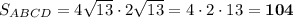 S_{ABCD}=4\sqrt{13} \cdot 2\sqrt{13}=4 \cdot 2 \cdot 13=\boldsymbol{104}