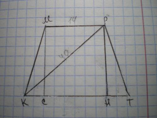 A) Основи рівнобічної трапеції дорівнюють 50 і 14 см, а діагональ дорівнює 40 см. Обчисліть площу тр