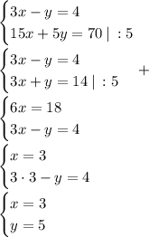 \begin {cases} 3x-y=4 \\ 15x+5y=70 \:| \: :5 \end.\\\\\begin {cases} 3x-y=4 \\ 3x+y=14 \:| \: :5 \end. +\\\\\begin {cases} 6x=18 \\ 3x-y=4 \end.\\\\\begin {cases} x=3 \\ 3\cdot 3-y=4 \end.\\\\\begin {cases} x=3 \\ y=5 \end.\\