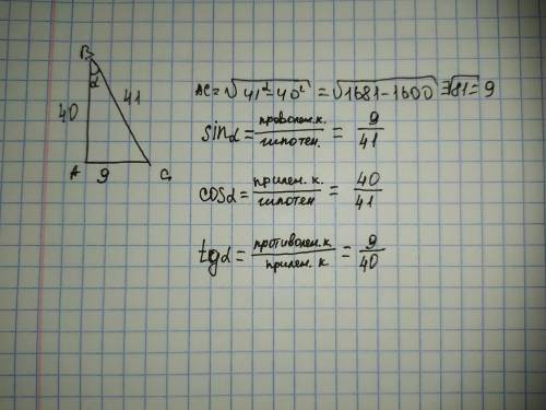 Найти синус косинус и тангенц меньшего острого угла в прямоугольном треугольнике с катетом 40 см и г