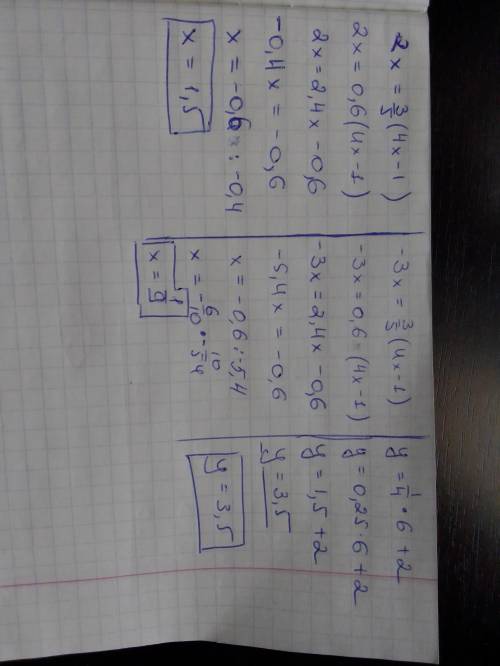 Решите уравнениея 2(х)=3/5(4х-1) -3(х)=3/5(4х-1) у=1/4*6+2