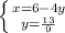 \left \{ {{x = 6 - 4y} \atop {y = \frac{13}{9}}} \right.