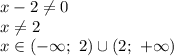 x-2\neq0\\x\neq2\\x\in(-\infty;\ 2)\cup(2;\ +\infty)