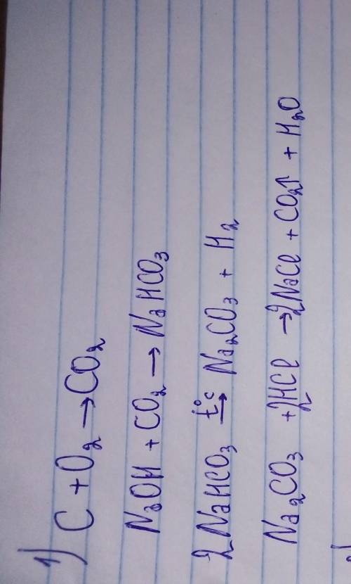 Осуществите превращения по схемам: 1) C → CO2 → NaHCO3 → Na2CO3 → CO2 2) S → SO2 → K2SO3 → KHSO3 → K