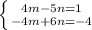 \left \{ {{4m-5n=1} \atop {-4m+6n=-4}} \right.