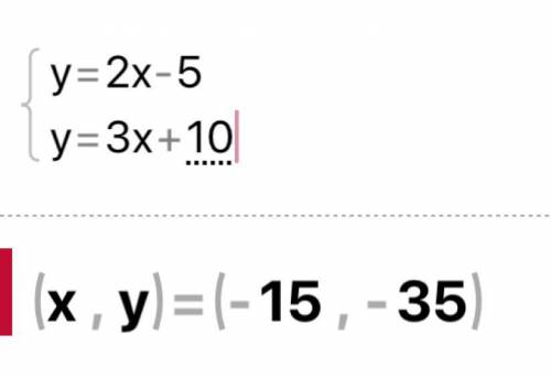 Найти точку пересечения графиков функций y=2x-5 и y=3x+10.​