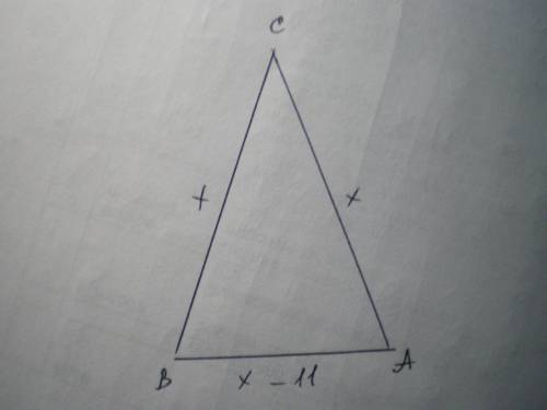 Дано: ΔBAC,CB=CA. Основание треугольника на 11 дм меньше боковой стороны. Периметр треугольника BAC