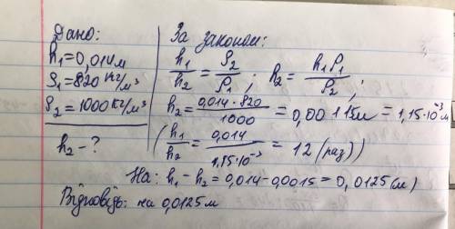 У лівому коліні сполучених посудин налита вода, в правому — нафта. Висота стовпа нафти дорівнює 14 с