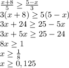 \frac{x+8}{5} \geq \frac{5-x}{3} \\3(x+8)\geq 5(5-x)\\3x+24\geq 25-5x\\3x+5x\geq 25-24\\8x\geq 1\\x\geq \frac{1}{8} \\x\geq 0,125