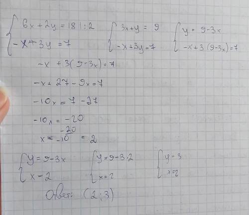 Какие из пары чисел (-2,-3),(2,3),(-2;3),(2;-3),(2;2) является решением уравнений:6х+2y=18и-x+3y=7 ​