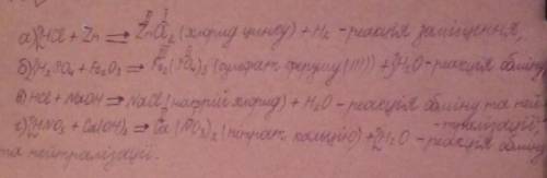 Дописати рівняння реакцій, вирівняти, вказати тип хімічної реакції, дати назви речовинам: а) HCl+Zn