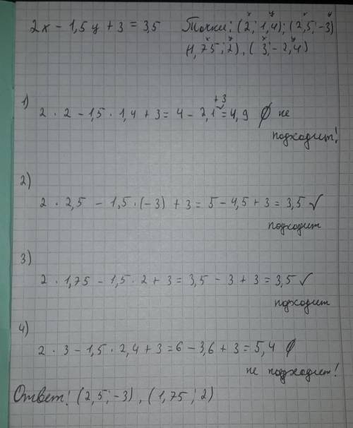 .(2;1,4), (2,5;-3), (1,75;2), (3;-2,4) нүктелерінің қайсысы 2х-1,5у+3=3,5 теңдеуінің шешімі болады