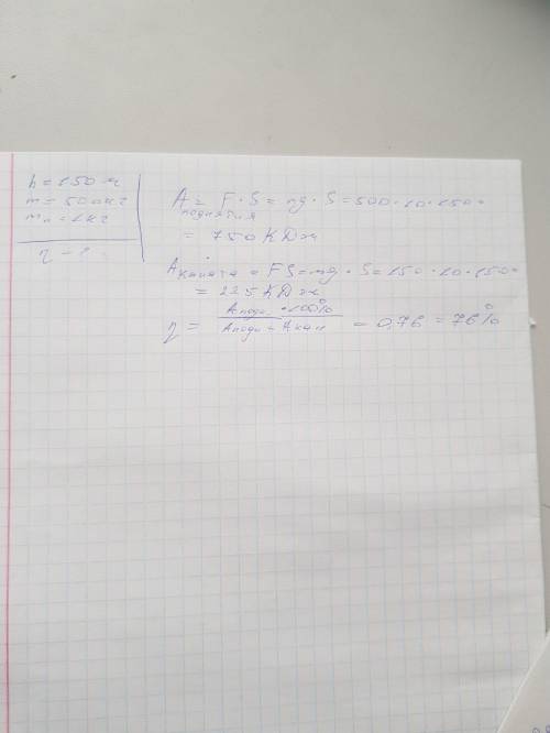 Із шахти завглибшки 150 м піднімають на канаті вантаж масою 500 кг.Маса кожного погонного метра стан