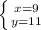 \left \{ {{x=9} \atop {y=11}} \right.