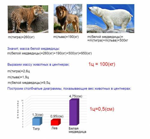 Масса тигра равна 260 кг Льва 190 кг масса Белой медведицы на 500 кг больше Чем масса тигра и льва в