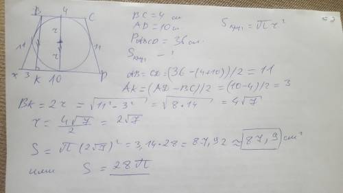 Найди площадь круга, выписанного в равнобедренную трапецию с основаниями длинной 4 см и 10 см и пери