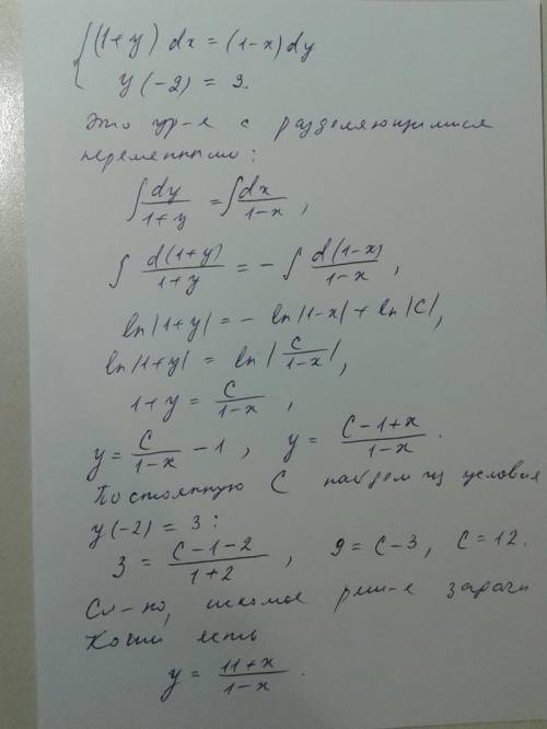 Решите дифференцированные уравнения. 1) y'=xy^2 2) y'= ycosx/1+y 3) dy/x-1=dx/y-2