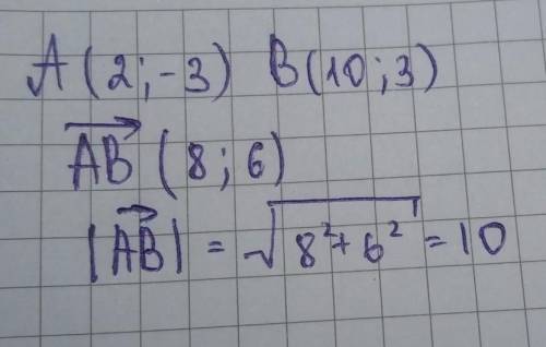 Знайдіть координати вектора АВта його модкль якщо, А(2;-3) В (10;3)​