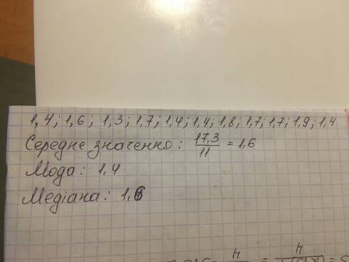 Знайти центральні тенденції вибірки: 14; 1.6; 1.3; 1.7; 1.4; 1.4; 1.8; 1.7; 1.7; 1.9; 1.4.