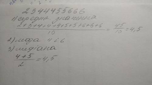 Статистичний ряд даної вибірки 2,3,4,4,4,5,5,6,6,6.Знайти середнє значення моду і мередіану вибірки.